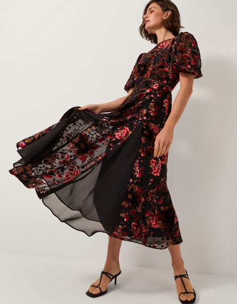 Carolyn Floral Devoré Midi Dress, Black (BLACK), large