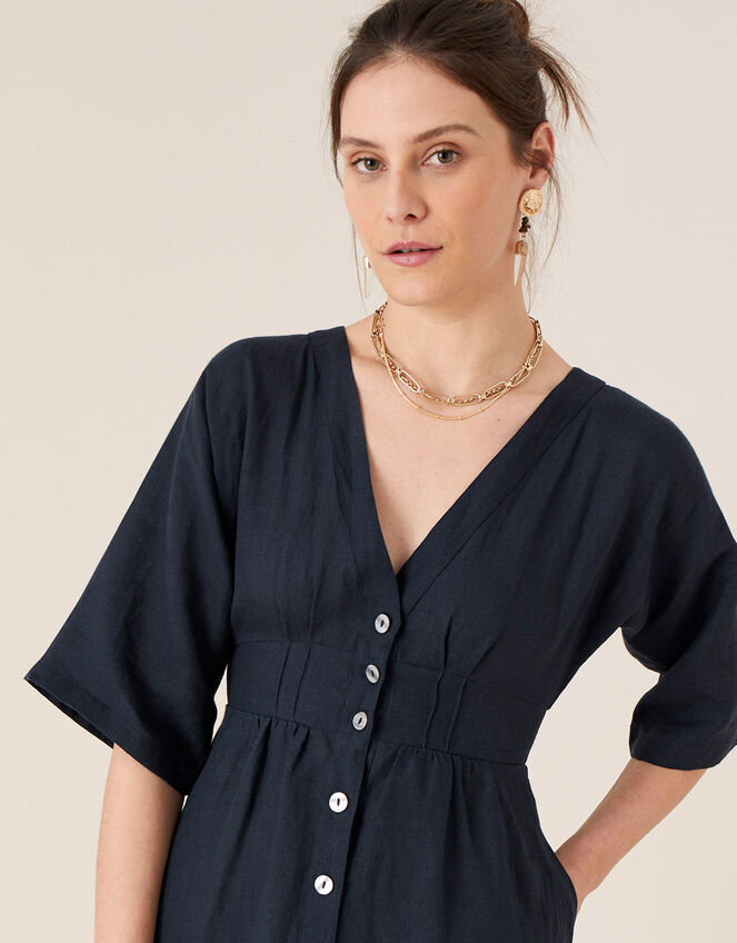 Button-Through Midi Dress in Pure Linen Blue