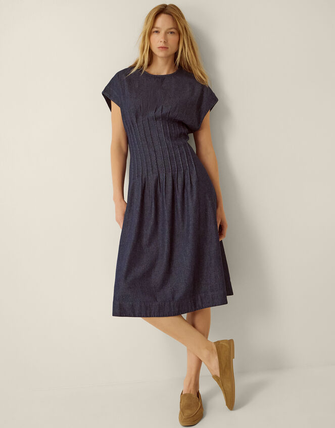 Jasmin Pleated Denim Midi Dress, Blue (DENIM BLUE), large