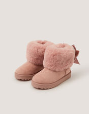Velvet Bow Fluffy Ankle Boots, Pink (PINK), large