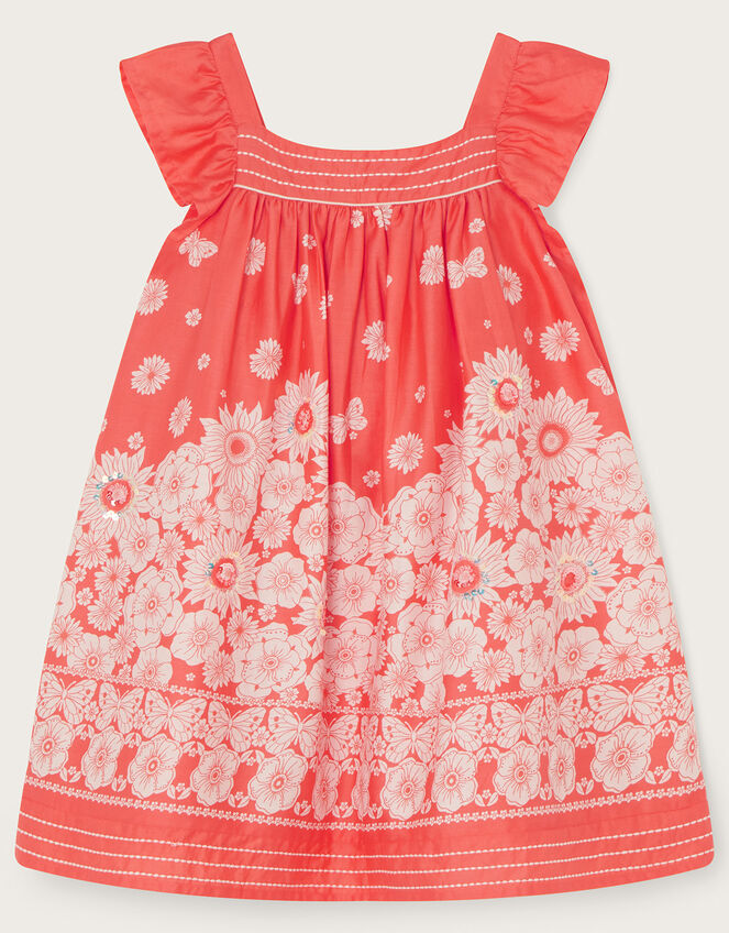 Floral Border Stitch Detail Dress, Orange (CORAL), large