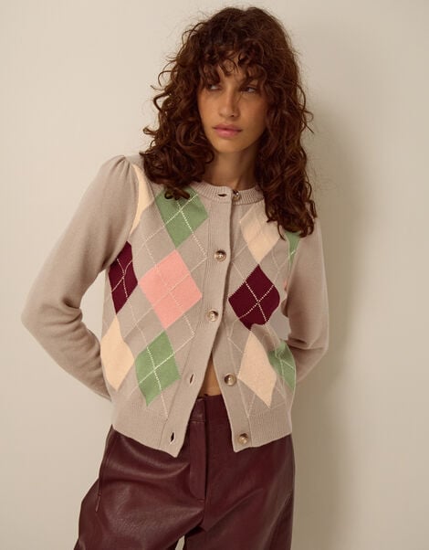 Alba Argyle Cardigan, Mink (MINK), large