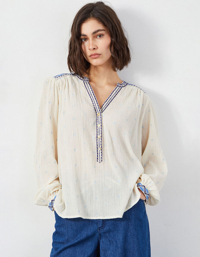 East Aria Embroidered Crinkle Blouse, Ivory (IVORY), large