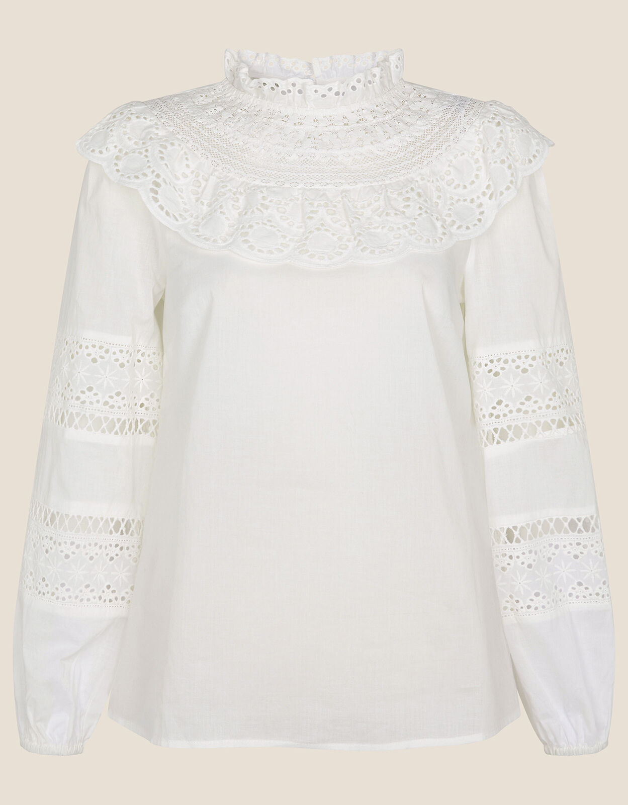 Bib Lace Long Sleeve Top in Sustainable Cotton Ivory
