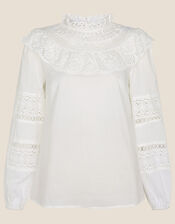 Bib Lace Long Sleeve Top in Sustainable Cotton, Ivory (IVORY), large