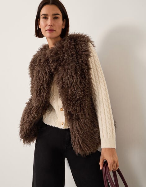 Maeve Shaggy Faux Fur Gilet, Brown (CHOCOLATE), large