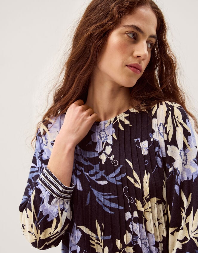 Nicolette Floral Linen Blend Top, Blue (NAVY), large