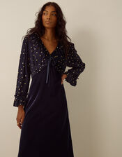 Stevie V-Neck Foil Polka Dot Velvet Midi Dress, Blue (MIDNIGHT), large