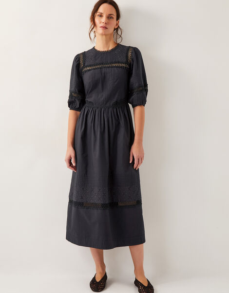Odilia Broderie Puff-Sleeve Midi Dress, Black (BLACK), large