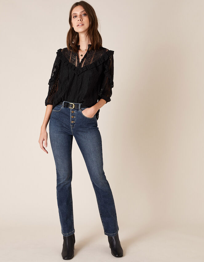 Lace Ruffle Trim Top, Black (BLACK), large