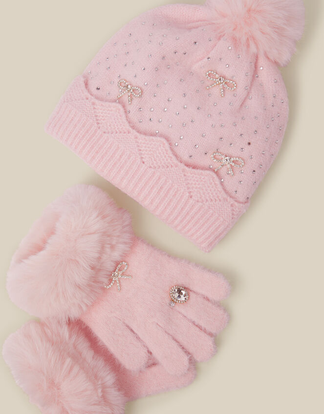 Glam Bobble Hat & Gloves Set, Pink (PINK), large