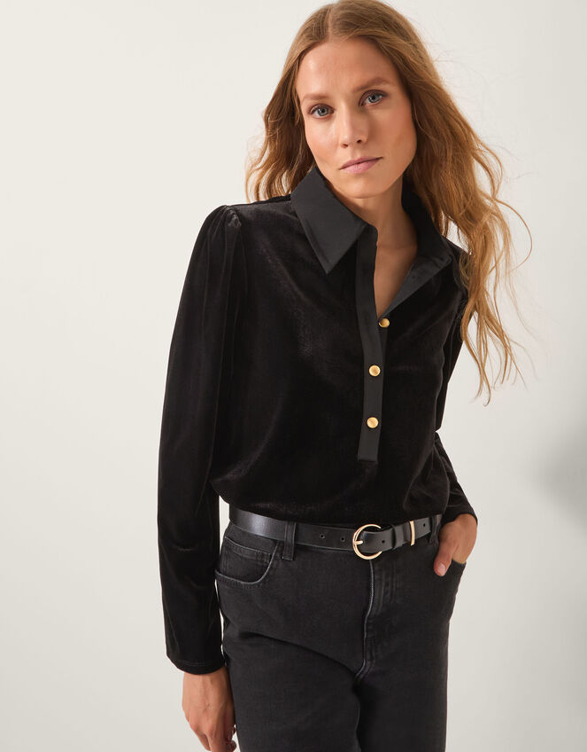 Clay Collar Velvet Blouse, Black (BLACK), large