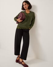 Leanne Lace V-Neck Jumper, Green (KHAKI), large