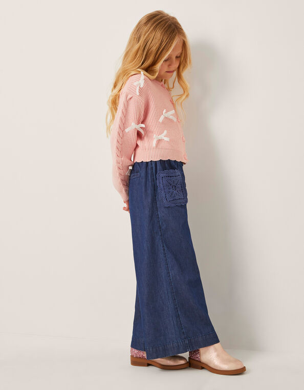 Wide Leg Chambray Crochet Pants, Blue (BLUE), large