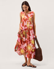 Anissa Sun Print Pleated Midi Dress, Orange (ORANGE), large