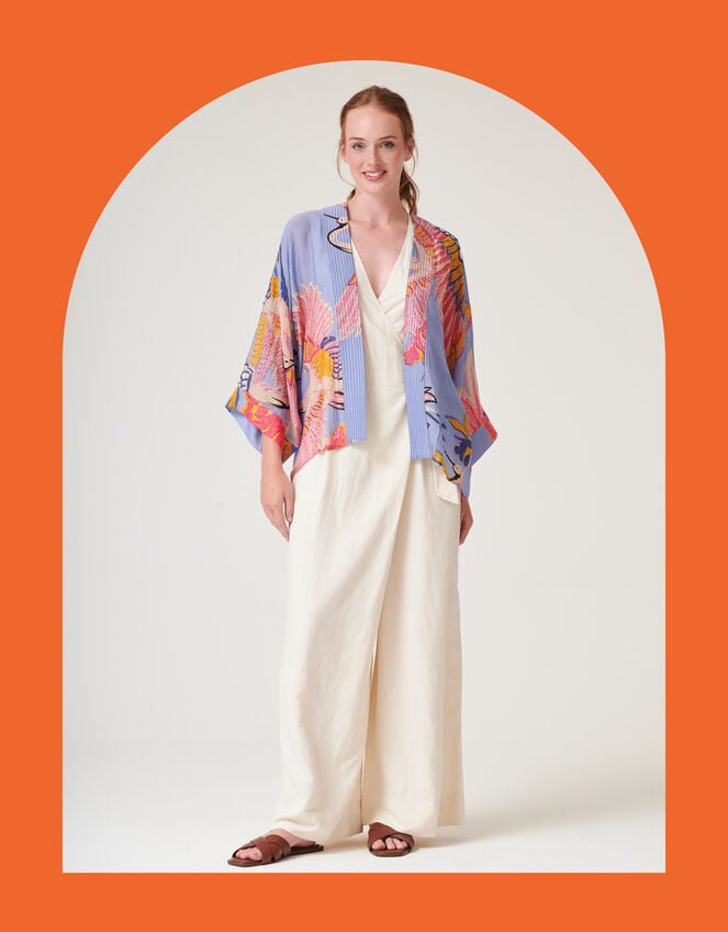 One Hundred Stars Crane Print Kimono Jacket, Blue (LIGHT BLUE), large