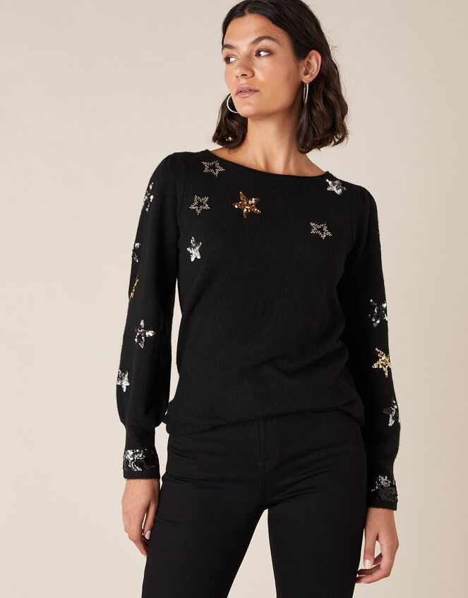 Sequin Star Knit Jumper, Black (BLACK), large