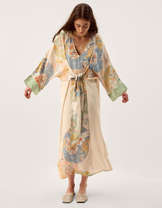 Clemence Amelie Tie Front Floral Midi Dress, Cream (CREAM), large
