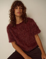 Terri Short Sleeve Fringe Top, Red (BURGUNDY), large