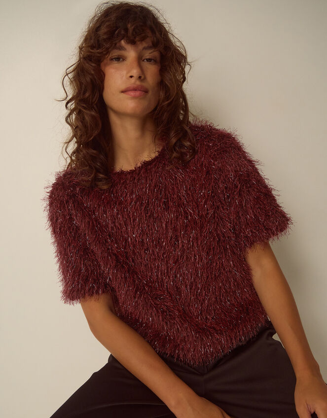 Terri Short Sleeve Fringe Top, Red (BURGUNDY), large