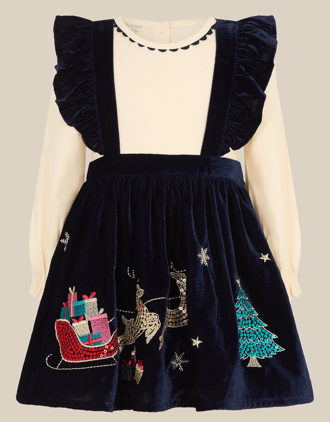 Baby Christmas Top & Velour Pinafore Dress Set , Blue (NAVY), large