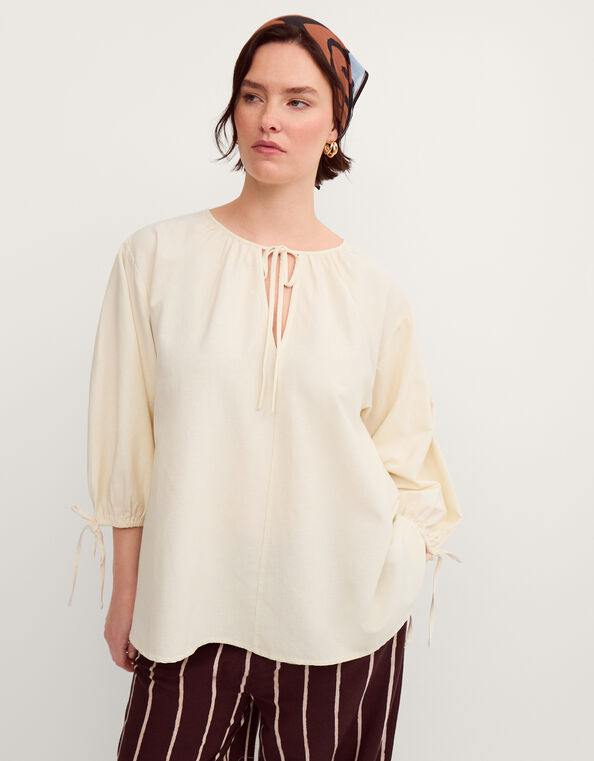 Callie Thorpe x Monsoon Tie Linen Blend Top, Natural (STONE), large