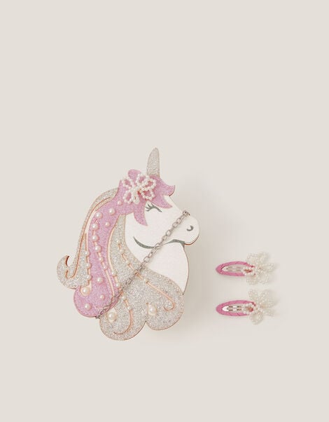 Glitter Unicorn Bag & Pearly Hair Clips Set, , large