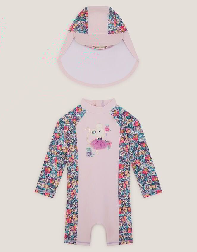 Baby Shell Print UPF50+ Swimsuit & Sun Hat Set, Pink (PINK), large