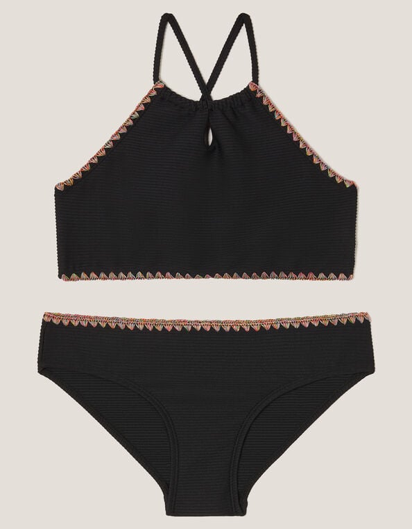 Rainbow Stitch Ribbed Bikini Set, Black (BLACK), large