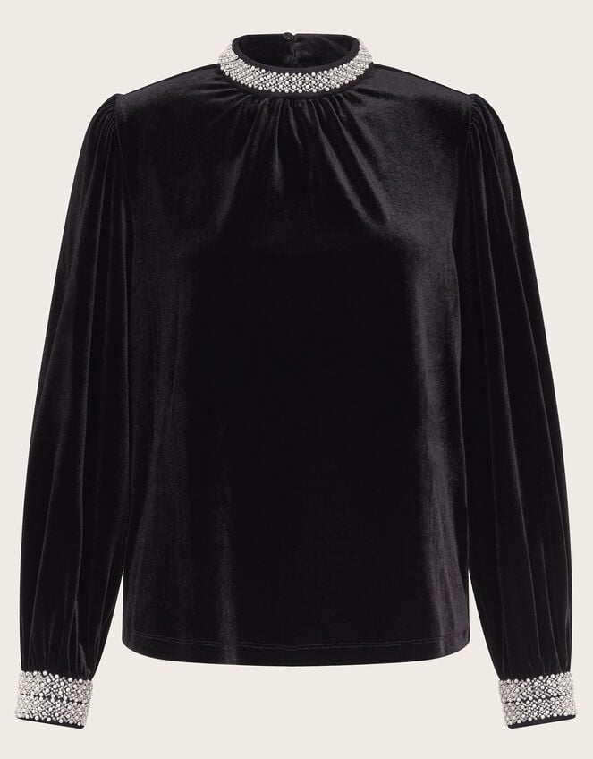 Tate Bead Trim Velvet Top, Black (BLACK), large