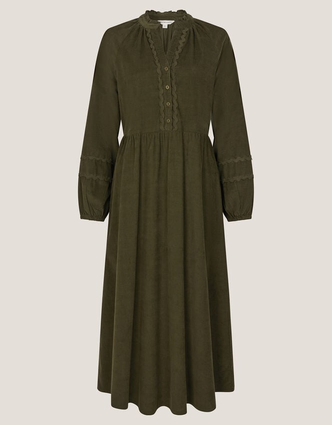 Zola Ric Rac Corduroy Midi Dress, Green (KHAKI), large