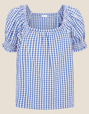 Gingham Top in Pure Cotton, Blue (BLUE), large