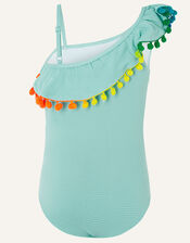 One Shoulder Frill Textured Swimsuit , Blue (TURQUOISE), large