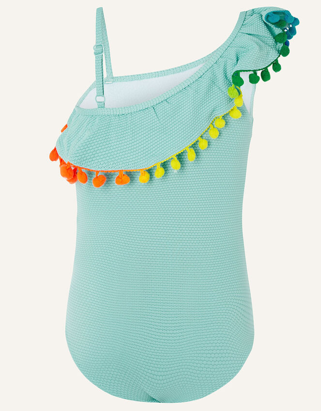 One Shoulder Frill Textured Swimsuit , Blue (TURQUOISE), large