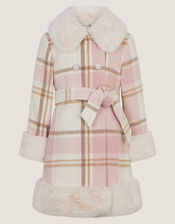 Aurora Check Print Faux Fur Coat, Pink (PINK), large