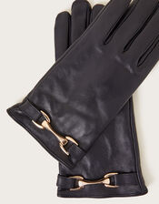 Leather Metal Trim Gloves, Blue (NAVY), large