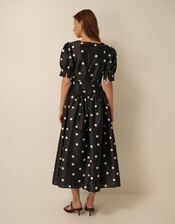 Amara Polka Dot Belted Midi Dress, Black (BLACK), large