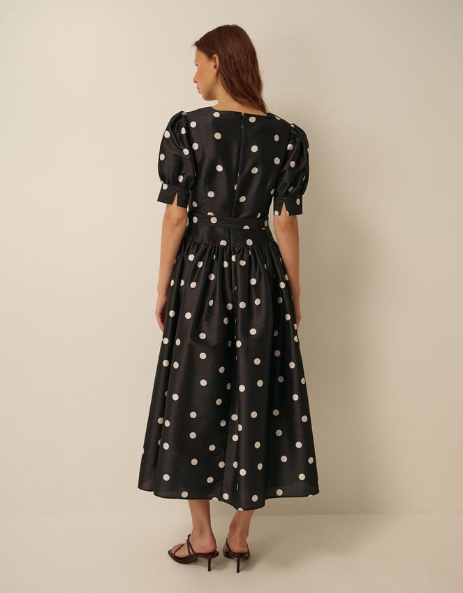 Amara Polka Dot Belted Midi Dress, Black (BLACK), large