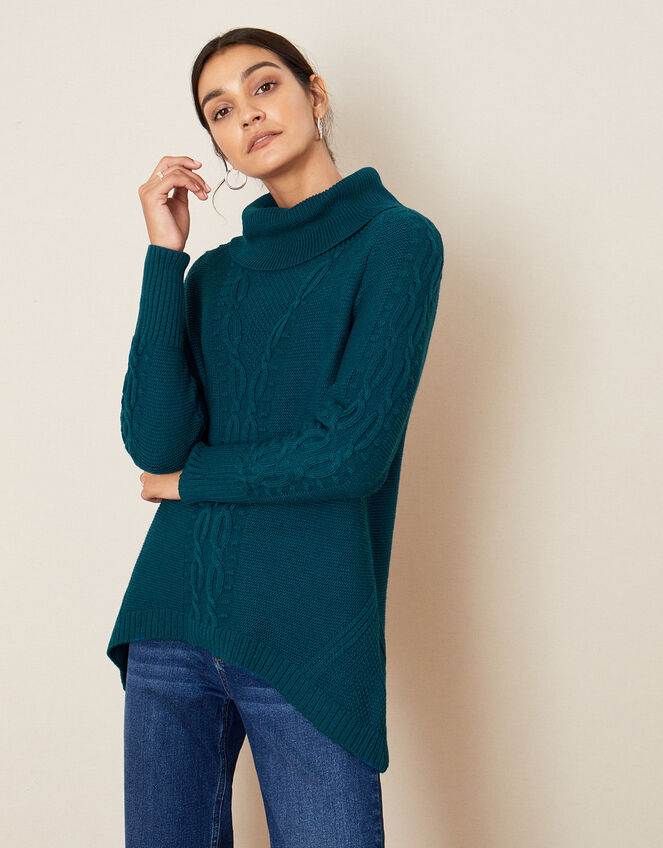 Roll Neck Cable Knit Jumper Teal