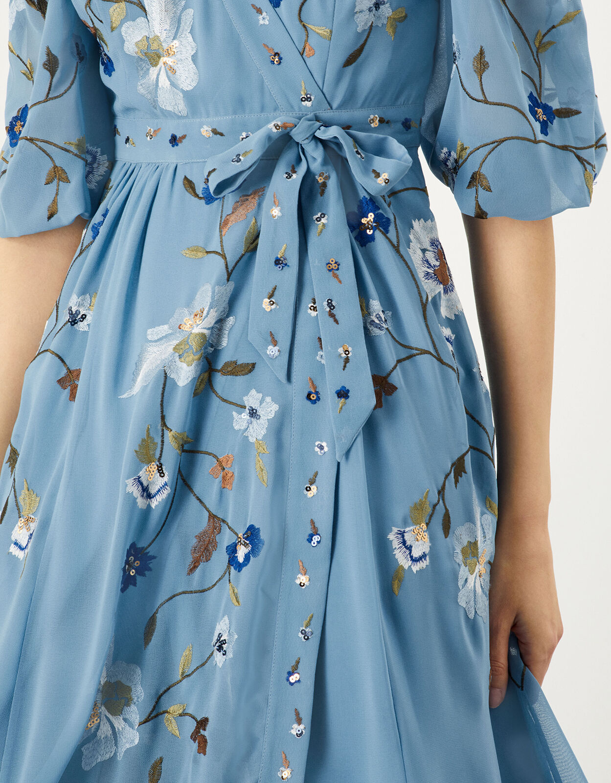 Willa Embroidered Wrap Dress in Recycled Polyester Blue