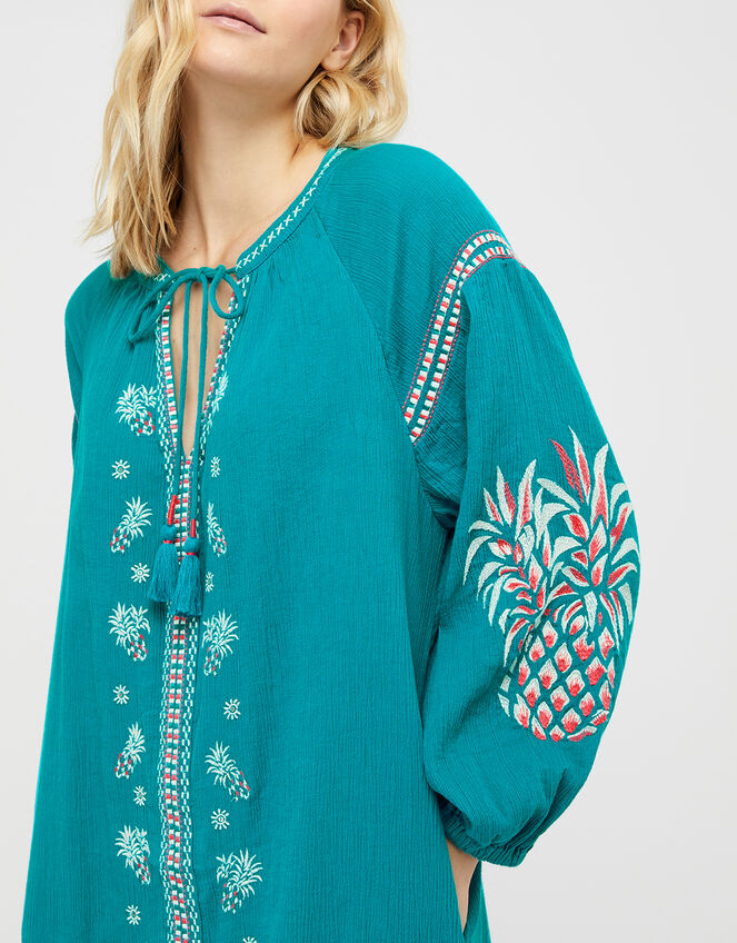 Shada Embroidered Dress in Organic Cotton, Teal (TEAL), large