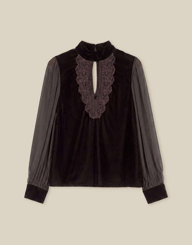 Jo Embroidered Velvet Top, Brown (CHOCOLATE), large