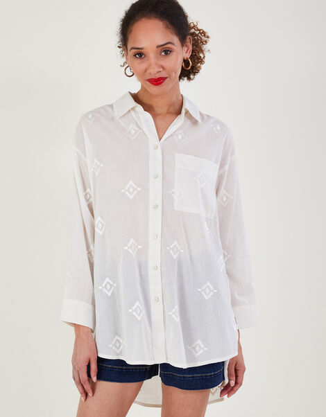 Diamond Embroidered Beach Shirt, White (WHITE), large