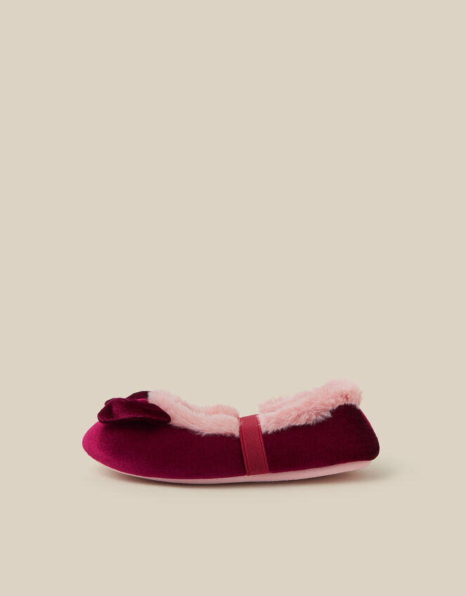 Bow Faux Fur Velvet Slippers, Red (BURGUNDY), large