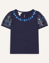 Daisy Puff Sleeve Top, Blue (NAVY), large