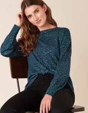 Foil Animal Print Jumper with Sustainable Viscose, Teal (TEAL), large