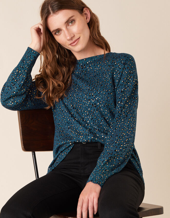 Foil Animal Print Jumper with Sustainable Viscose, Teal (TEAL), large