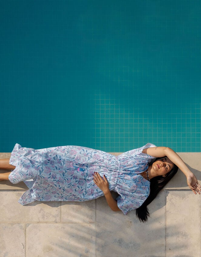 Dilli Grey Tilly Floral Stripe Midi Kaftan Dress, Blue (BLUE), large