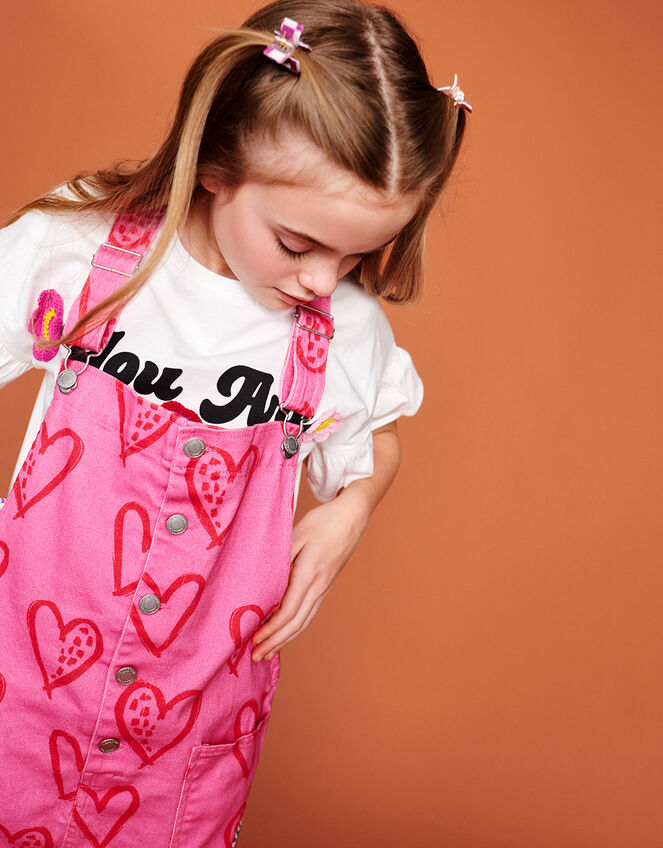 Heart Print Denim Short Dungarees, Pink (PINK), large