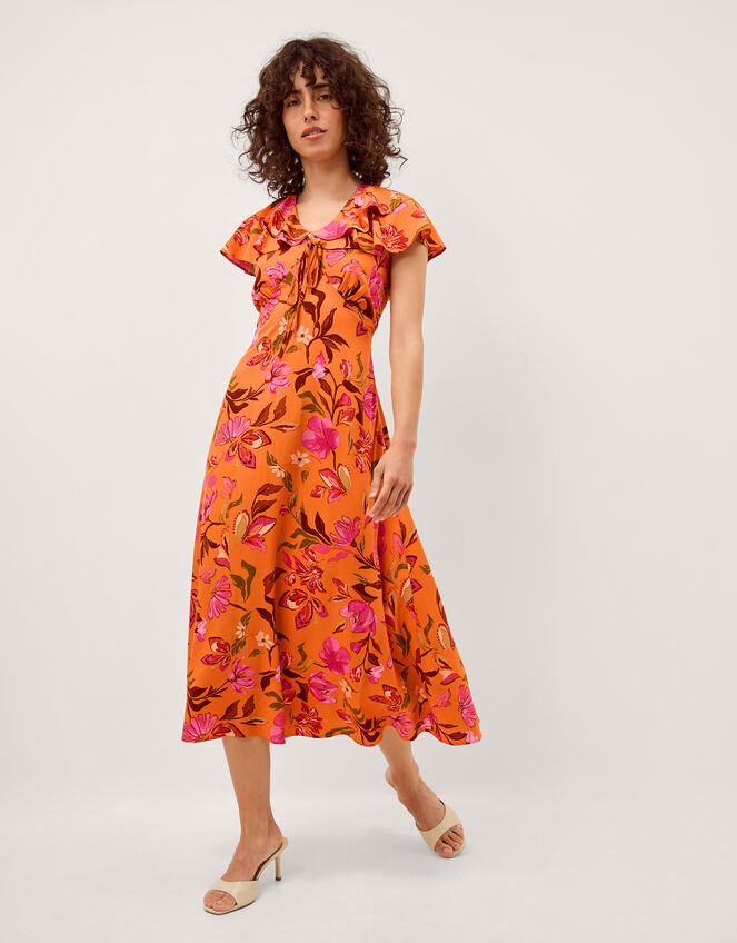 Leila Floral Print Midi Dress, Orange (ORANGE), large